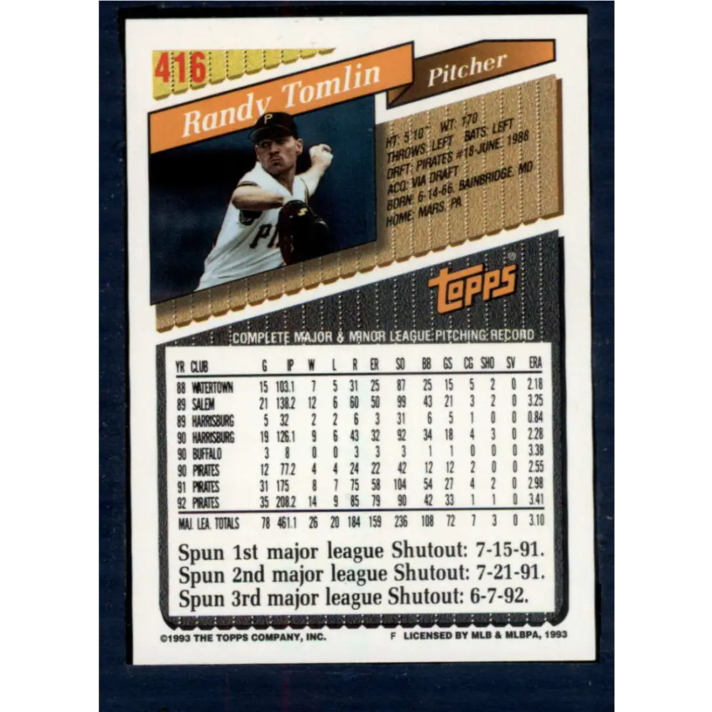1993 Topps #416 Randy Tomlin NM-MT Pittsburgh Pirates Baseball Card  Image 2