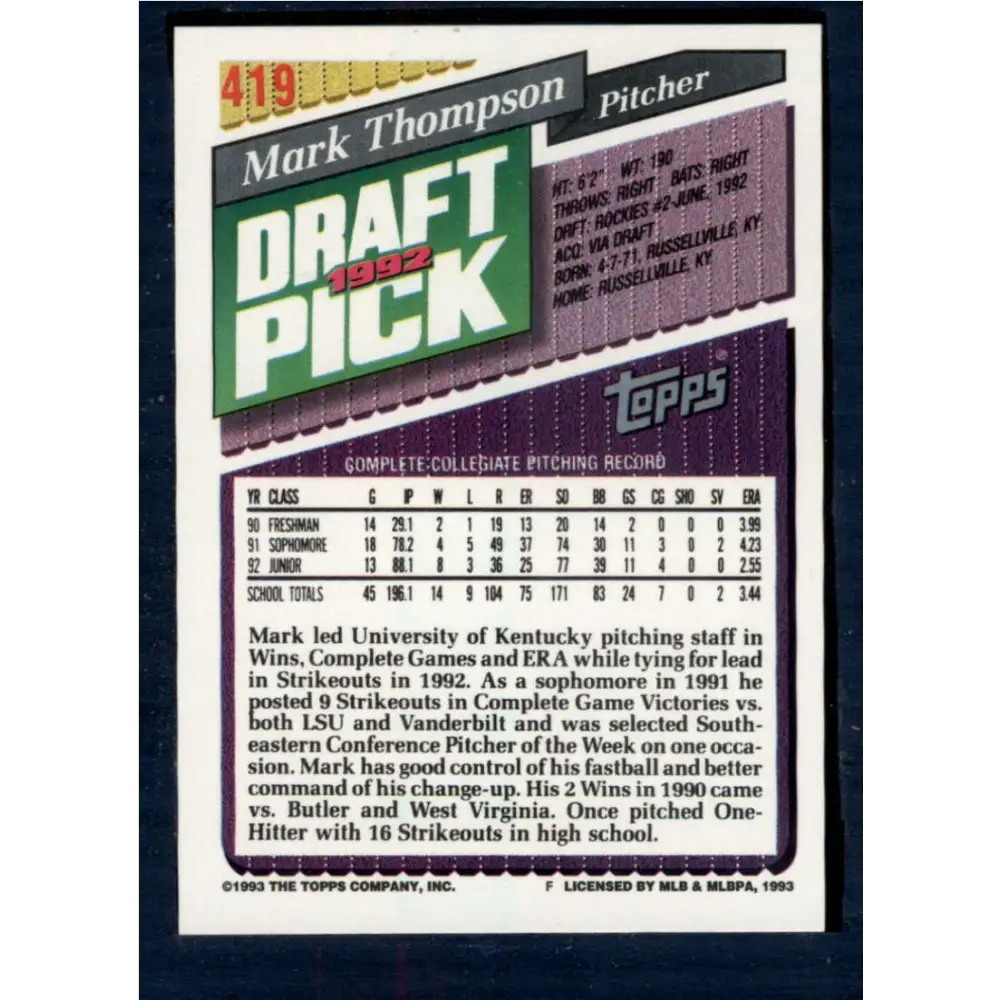 1993 Topps #419 Mark Thompson NM-MT RC Rookie Colorado Rockies Baseball Card  Image 2