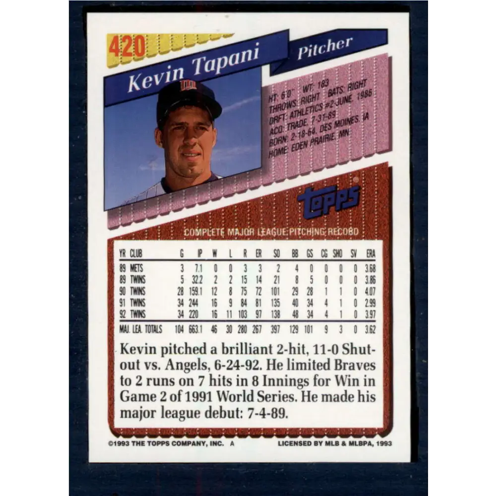 1993 Topps #420 Kevin Tapani NM-MT Minnesota Twins Baseball Card  Image 2