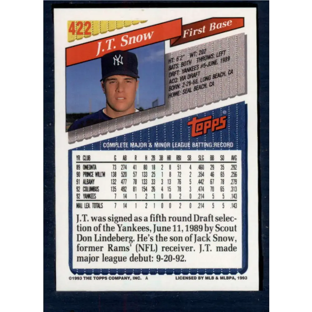 1993 Topps #422 J.T. Snow NM-MT RC Rookie New York Yankees Baseball Card  Image 2