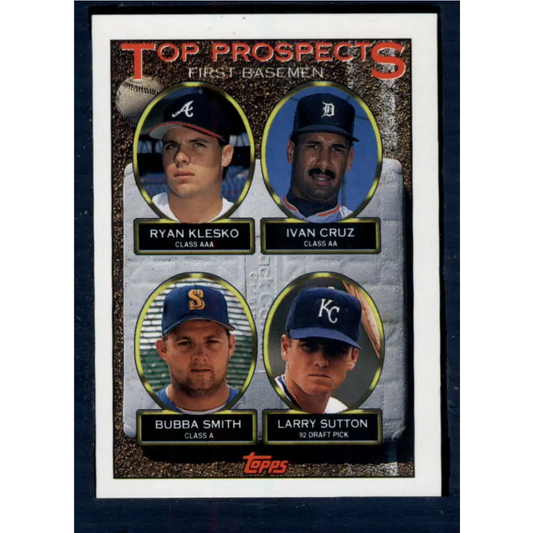 1993 Topps #423 Ryan Klesko/Ivan Cruz/Bubba Smith/Larry Sutton NM-MT RC Rookie Atlanta Braves/Detroit Tigers/Seattle Mariners/Kansas City Royals Baseb Image 1