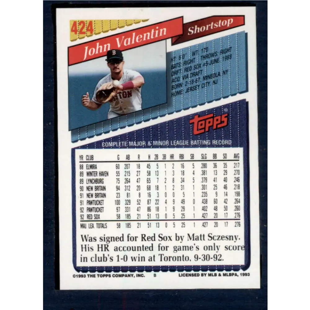 1993 Topps #424 John Valentin NM-MT Boston Red Sox Baseball Card  Image 2