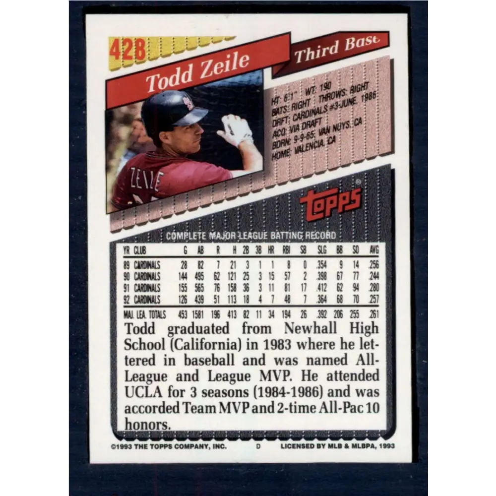 1993 Topps #428 Todd Zeile NM-MT St. Louis Cardinals Baseball Card  Image 2