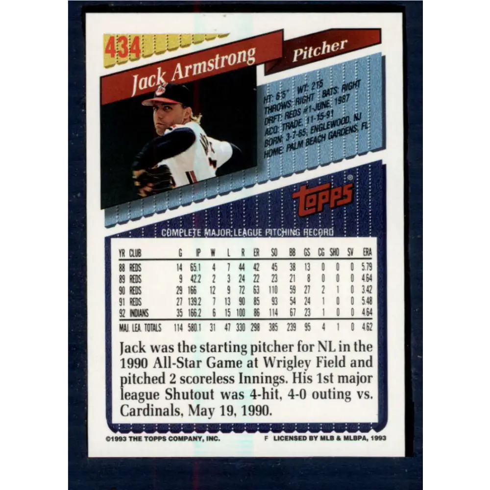 1993 Topps #434 Jack Armstrong NM-MT Cleveland Indians Baseball Card  Image 2