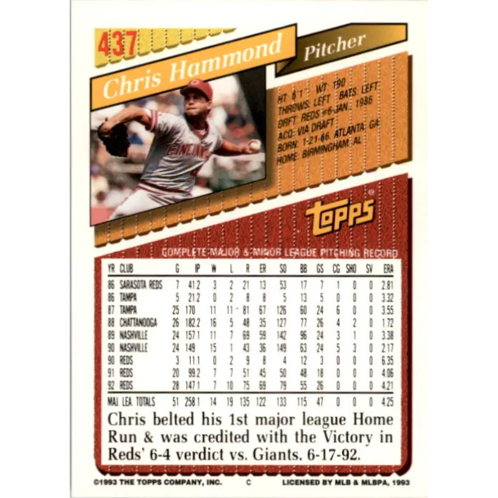 1993 Topps #437 Chris Hammond NM-MT Cincinnati Reds Baseball Card  Image 2