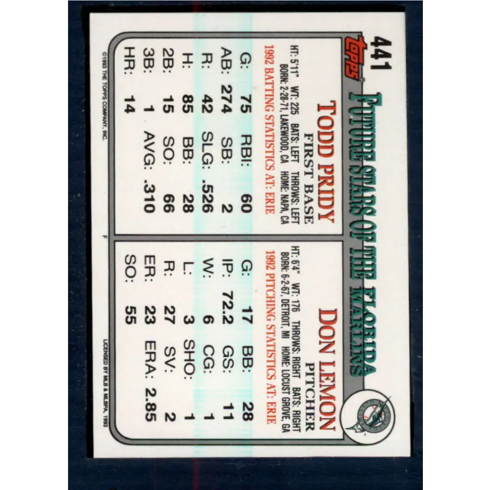 1993 Topps #441 Don Lemon/Todd Pridy NM-MT RC Rookie Florida Marlins Baseball Card  Image 2