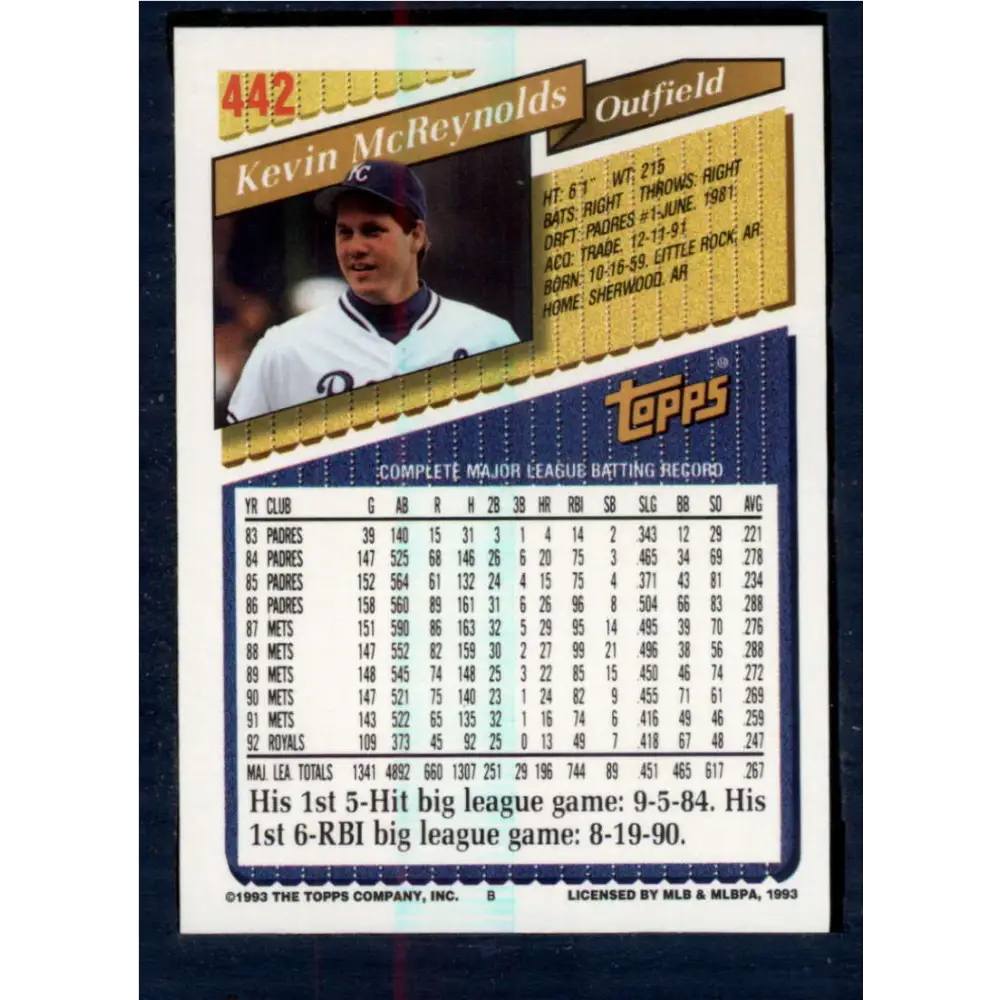 1993 Topps #442 Kevin McReynolds NM-MT Kansas City Royals Baseball Card  Image 2