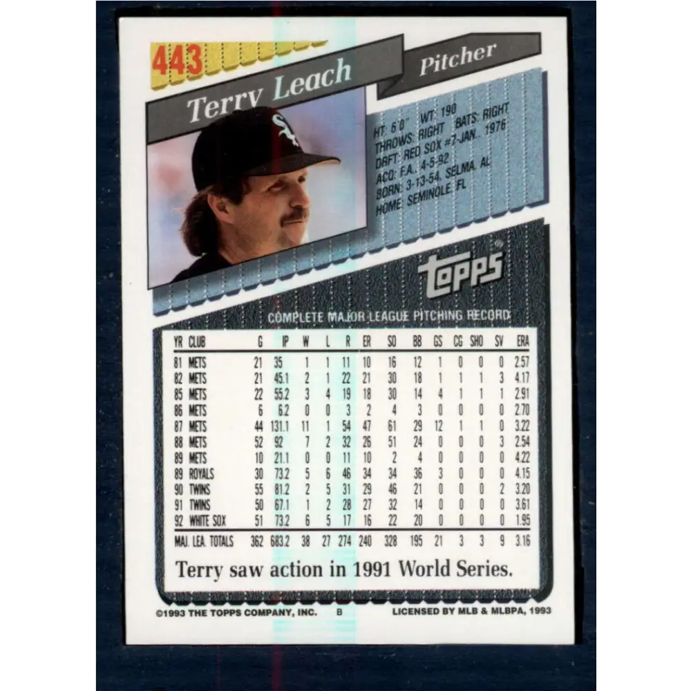 1993 Topps #443 Terry Leach NM-MT Chicago White Sox Baseball Card  Image 2