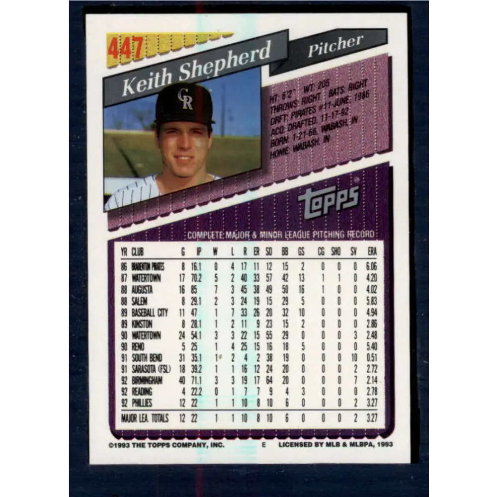 1993 Topps #447 Keith Shepherd NM-MT RC Rookie Colorado Rockies Baseball Card  Image 2