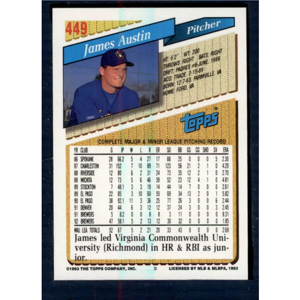 1993 Topps #449 Jim Austin NM-MT Milwaukee Brewers Baseball Card  Image 2