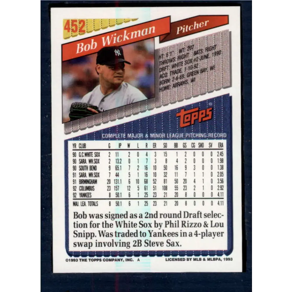 1993 Topps #452 Bob Wickman NM-MT New York Yankees Baseball Card  Image 2