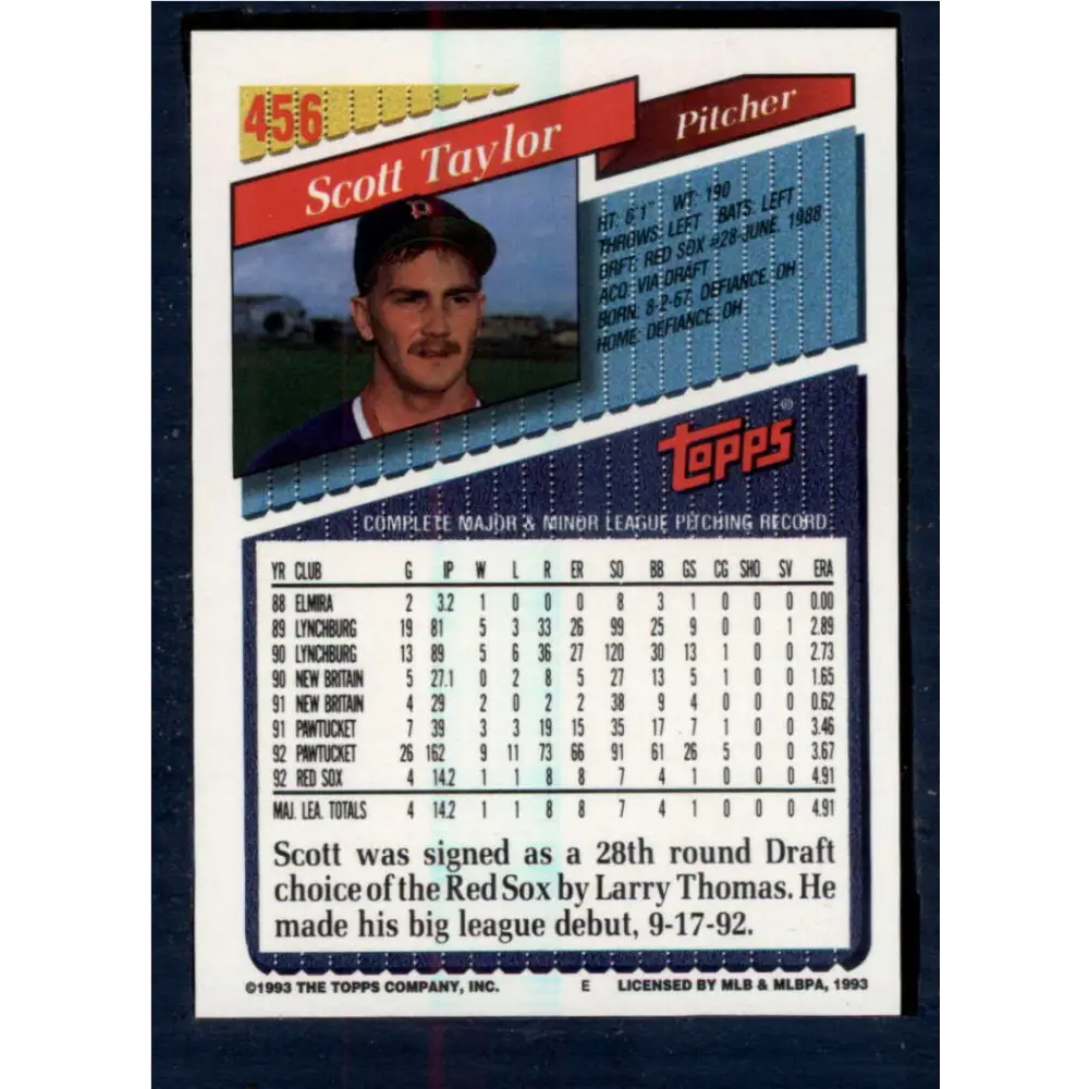 1993 Topps #456 Scott Taylor NM-MT Boston Red Sox Baseball Card  Image 2