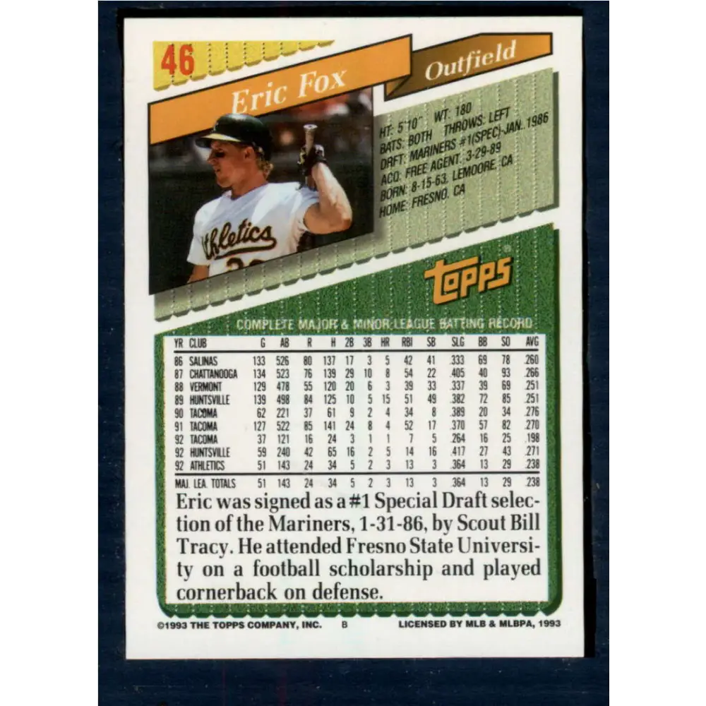 1993 Topps #46 Eric Fox NM-MT Oakland Athletics Baseball Card  Image 2