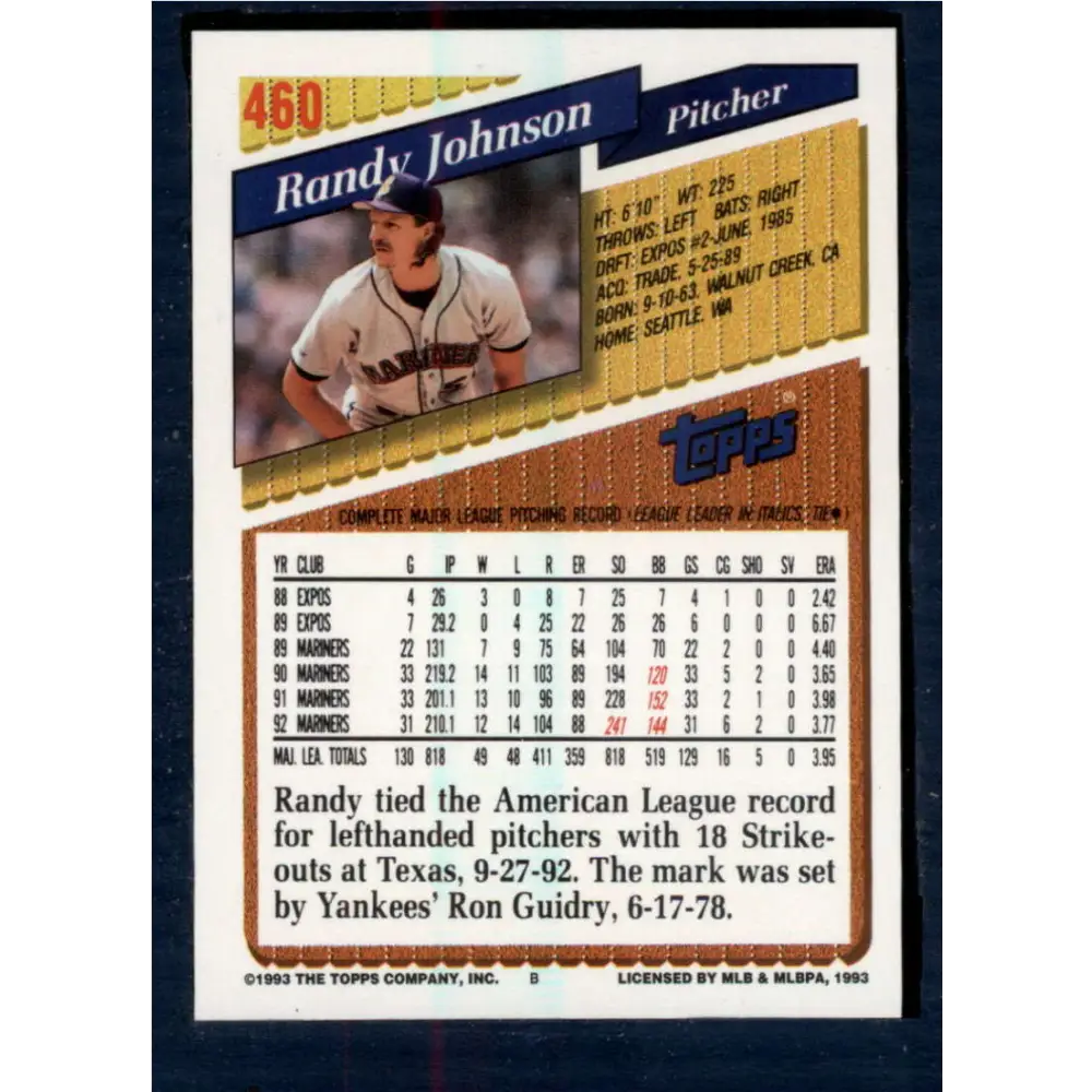 1993 Topps #460 Randy Johnson NM-MT Seattle Mariners Baseball Card  Image 2