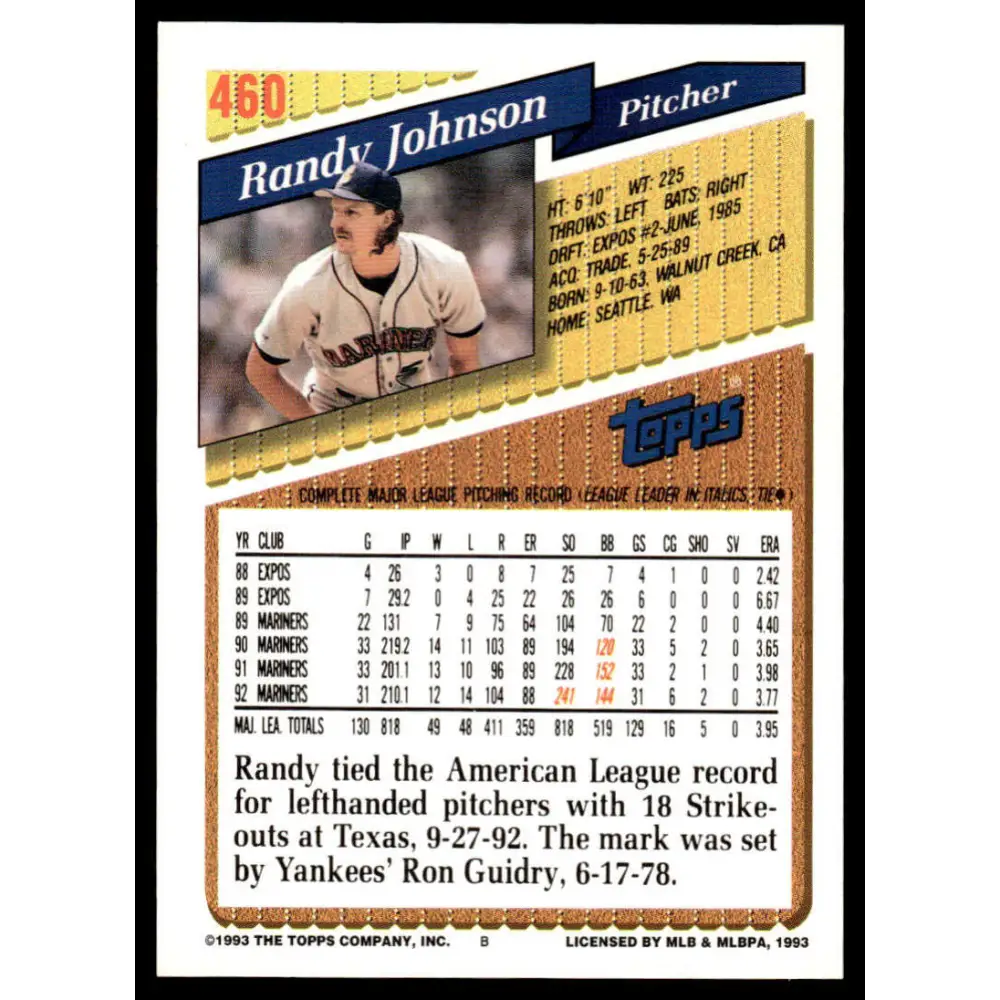 1993 Topps #460 Randy Johnson NM-MT Seattle Mariners Baseball Card Image 2