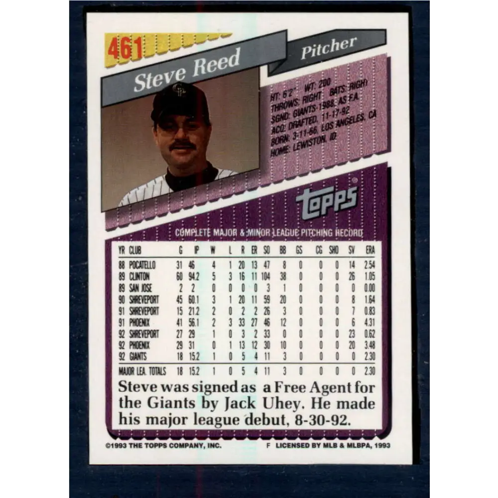 1993 Topps #461 Steve Reed NM-MT RC Rookie Colorado Rockies Baseball Card  Image 2