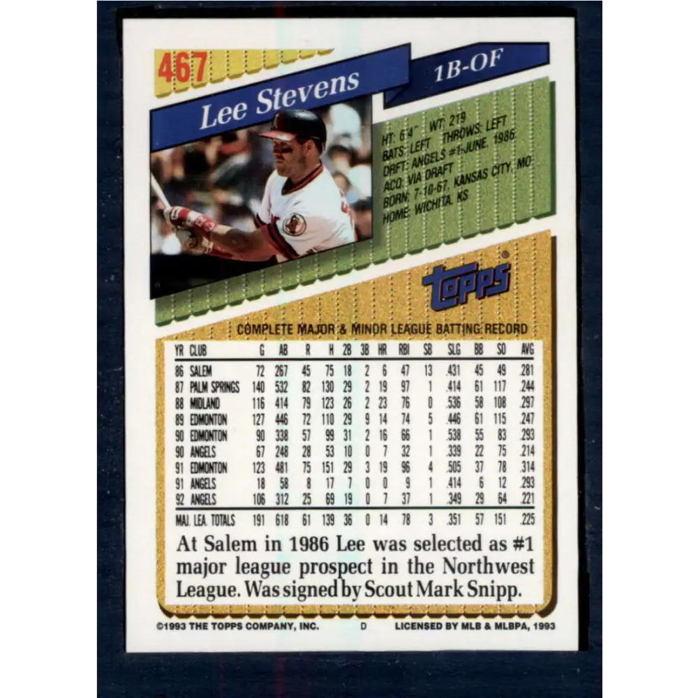 1993 Topps #467 Lee Stevens NM-MT California Angels Baseball Card  Image 2