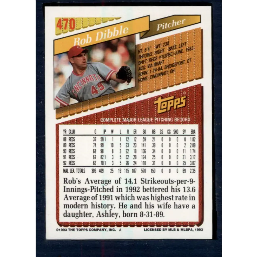 1993 Topps #470 Rob Dibble NM-MT Cincinnati Reds Baseball Card  Image 2