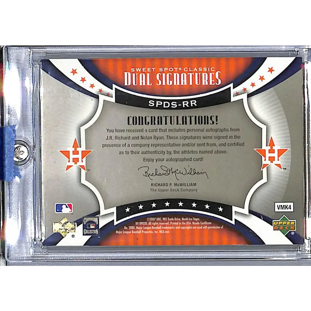 2007 Upper Deck Sweet Spot Classic Dual Signatures #SPDS-RR J.R. Richard, Nolan Ryan NM-MT MEM Auto 17/50 Houston Astros  Image 2