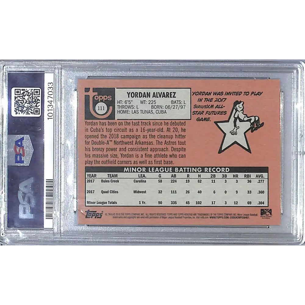 2018 Topps Heritage Minor League #111 Yordan Alvarez PSA 9 MINT  Image 2