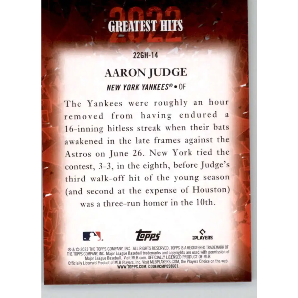 2023 Topps 2022 Greatest Hits #22GH-14 Aaron Judge NM-MT New York Yankees Baseball Card  Image 2