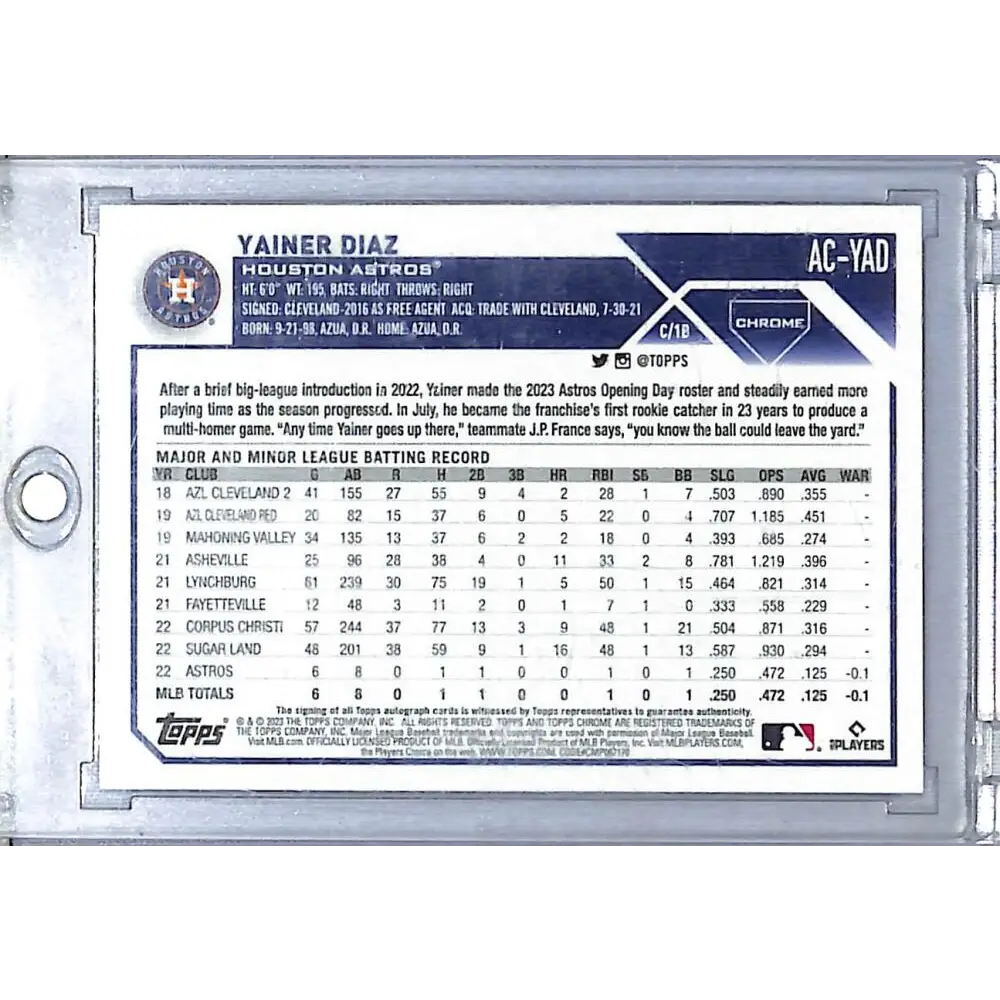 2023 Topps Chrome #AC-YAD Yainer Diaz NM-MT Auto Houston Astros  Image 2