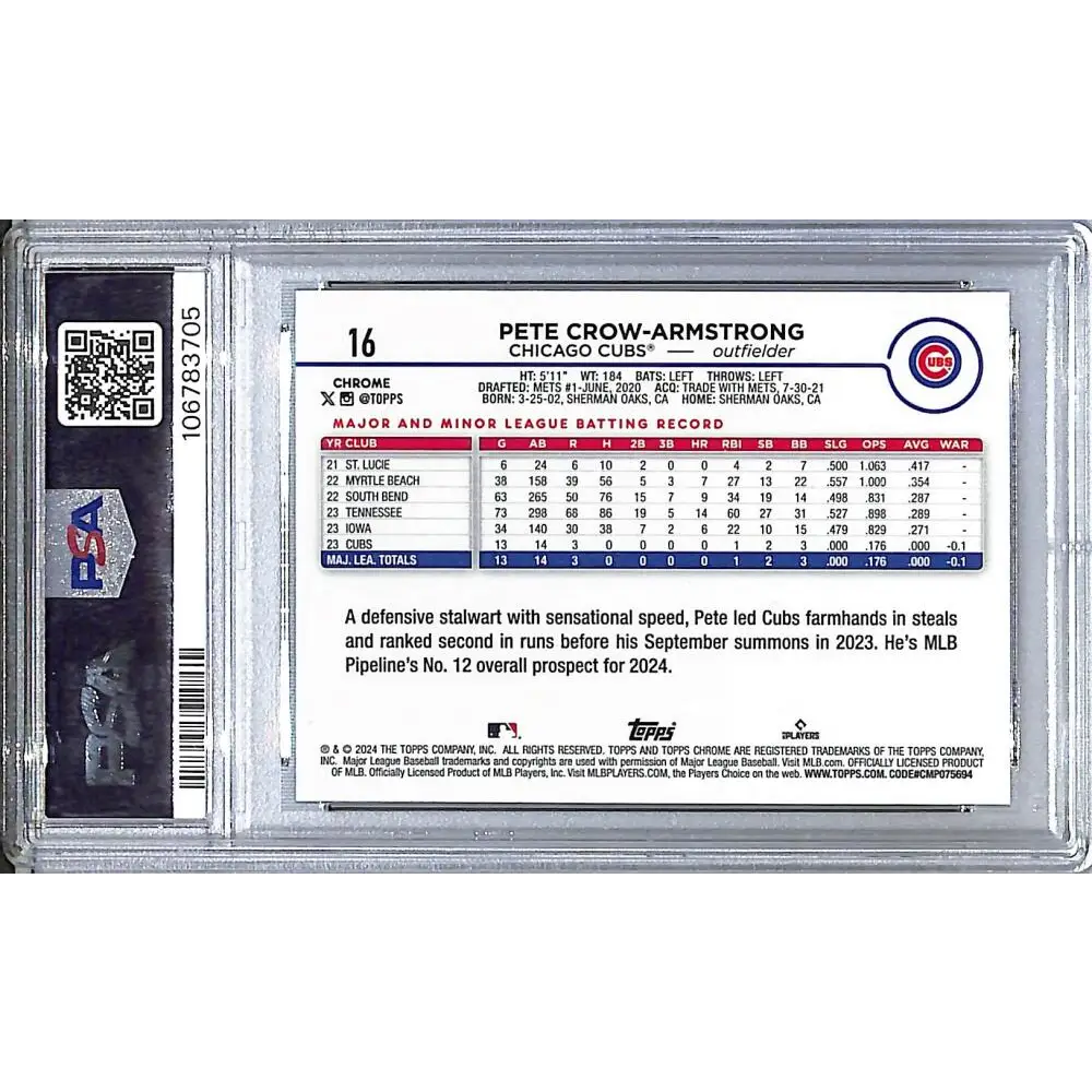 2024 Topps Chrome Green Wave #16 Pete Crow-Armstrong PSA 10 GEM MINT RC Rookie 20/99 Chicago Cubs  Image 2