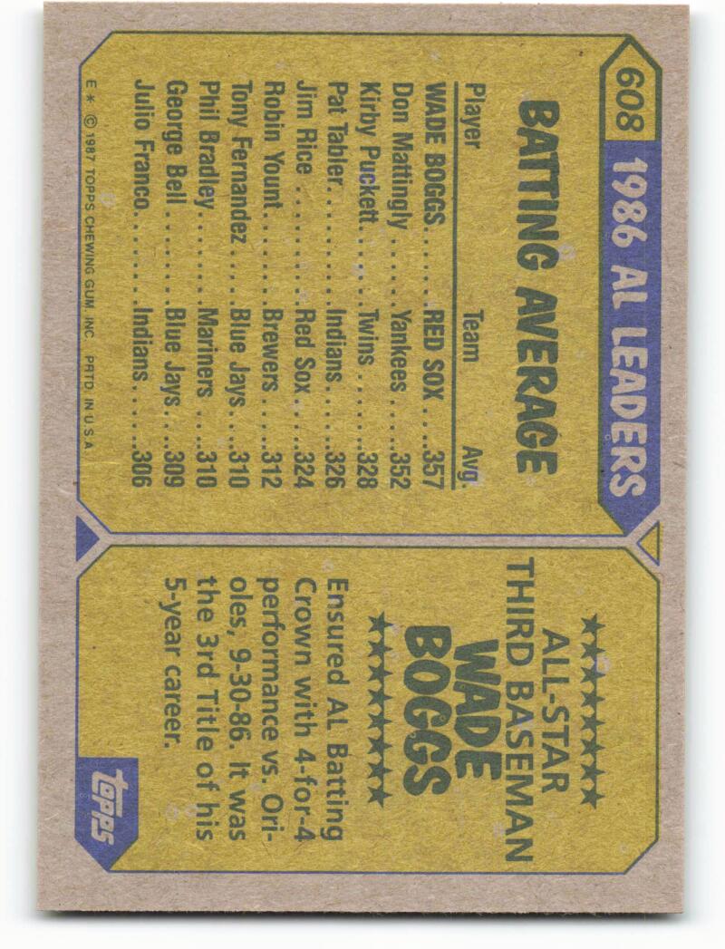 1987 Topps #608 Wade Boggs EX Excellent Boston Red Sox Baseball Card  Image 2