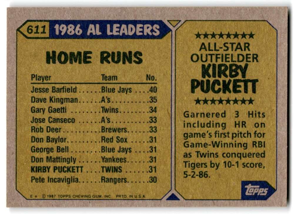 1987 Topps #611 Kirby Puckett EX Excellent Minnesota Twins Baseball Card  Image 2